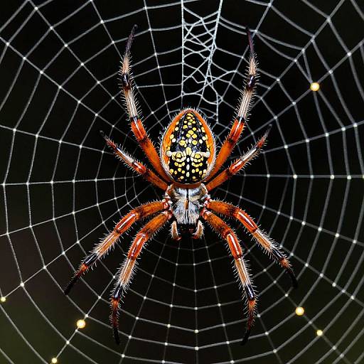 Photograph of a vibrant, red and black orb-weaver spider with white spines, centered on a intricate web against a dark, starlit background