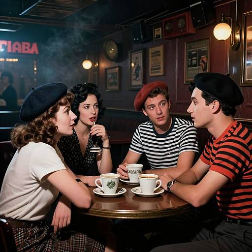 Photograph of four 1950s-style young adults, two women, two men, sitting at a round wooden table in a dimly lit café