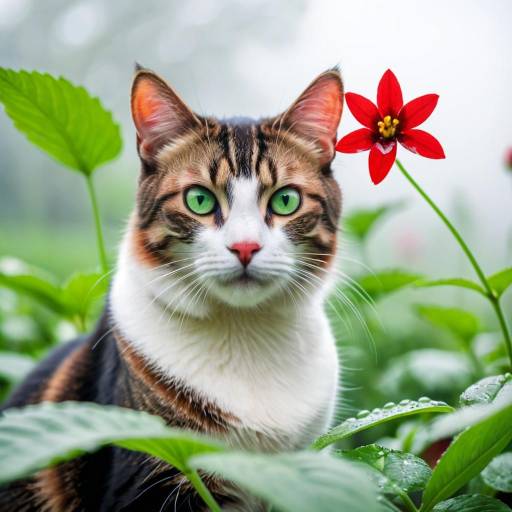 Glowing Cat with Red Flower in Mist