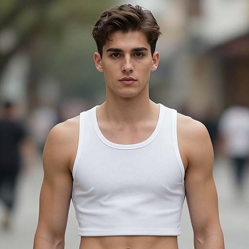 Photograph of a muscular young man with dark hair, wearing a white tank top, standing in a blurred urban street setting.