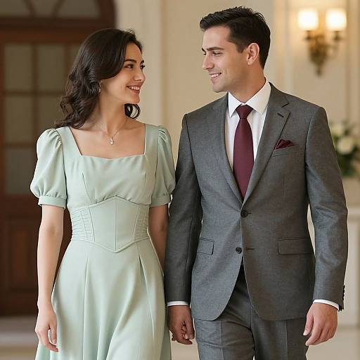 Photograph of a smiling couple, woman in light green dress, man in gray suit and maroon tie, walking arm-in-arm in elegant, well