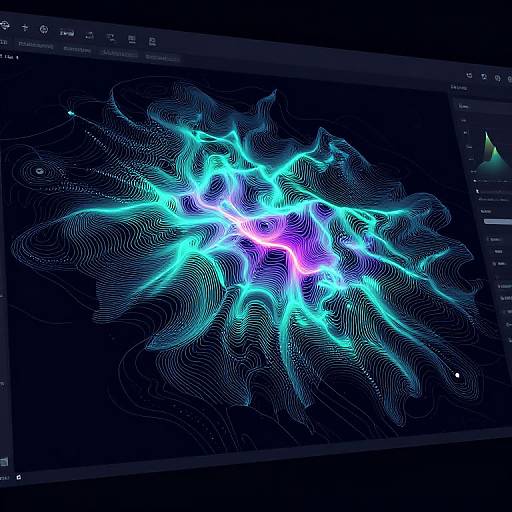 Digital art of neon blue and purple fractal patterns on a black background, displayed on a dark screen interface.
