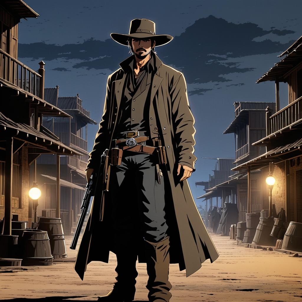 Dark Anime Gunslinger in Western Town