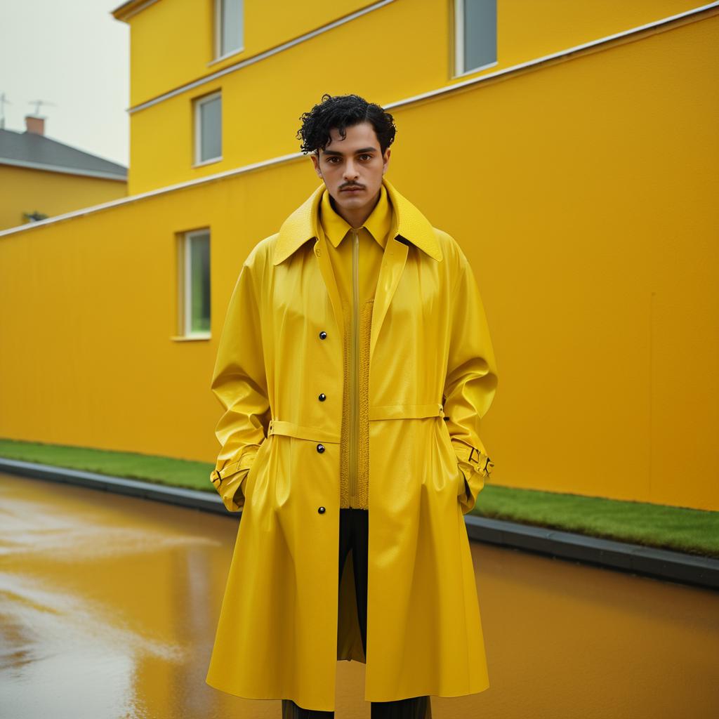 Surreal Yellow Raincoat in Suburban Setting