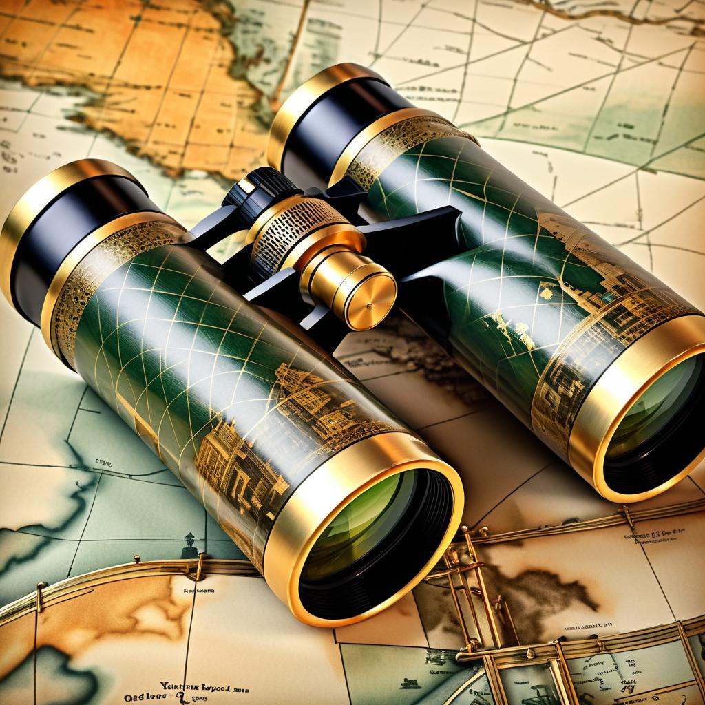 Vintage Binoculars on Intricate Map