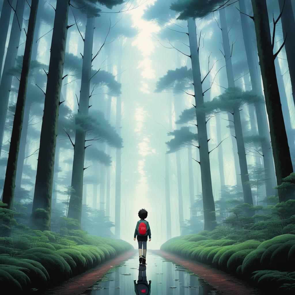 Introspective Boy in a Misty Forest