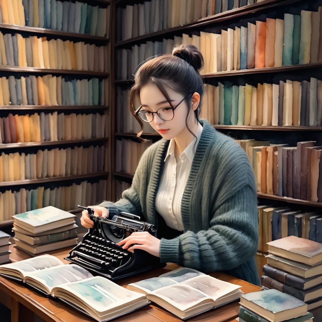 Cozy Writer in Dim Library Scene