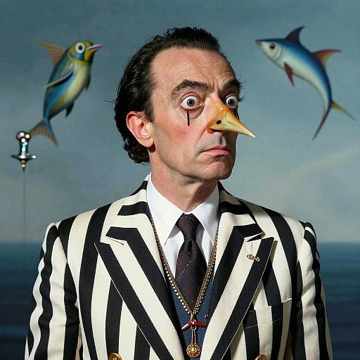 Surreal Man with Bird Nose and Striped Suit