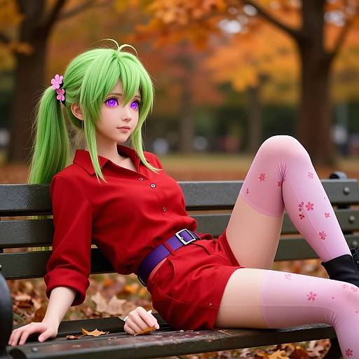 Digital anime-style artwork of a green-haired girl with purple eyes, wearing a red shirt, red shorts, and white floral stockings, lounging on a