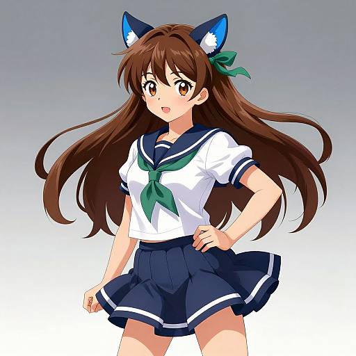 Anime-style digital drawing of a cute, brown-haired girl with blue cat ears, wearing a white sailor uniform with green necktie and navy skirt, standing