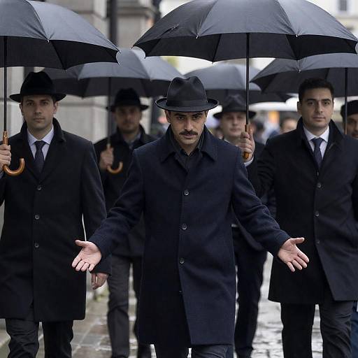 Dramatic Urban Scene with Umbrellas