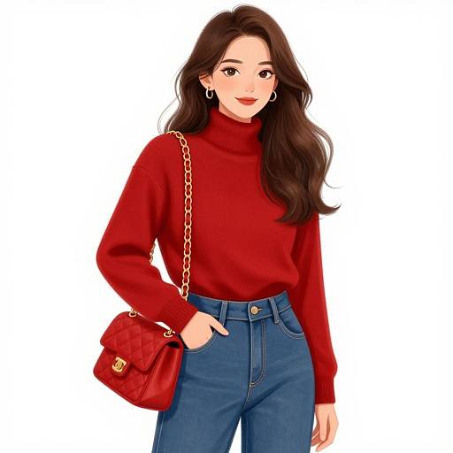 Digital illustration of a stylish woman with long dark hair, wearing a red turtleneck, high-waisted blue jeans, and a red quilted