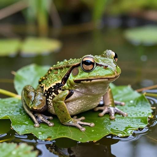 Photograph of a vibrant green frog with large, expressive eyes, sitting on a dew-covered lily pad in a lush, reflective pond.