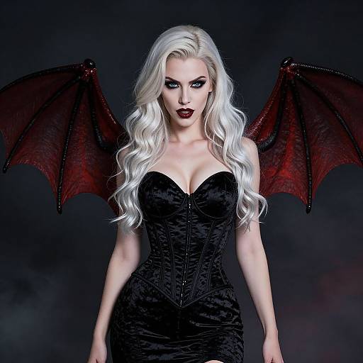 Digital artwork of a pale-skinned, white-haired vampire woman with red bat wings, wearing a black corset dress, against a dark, smoky