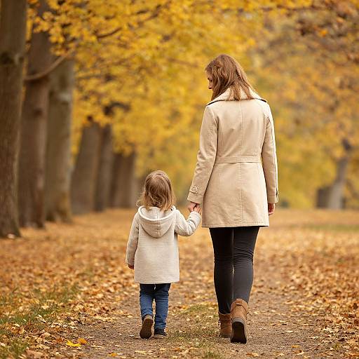 Photograph of a woman in a beige coat and black pants, holding hands with a child in a white hoodie, walking down a leaf-covered autumn path