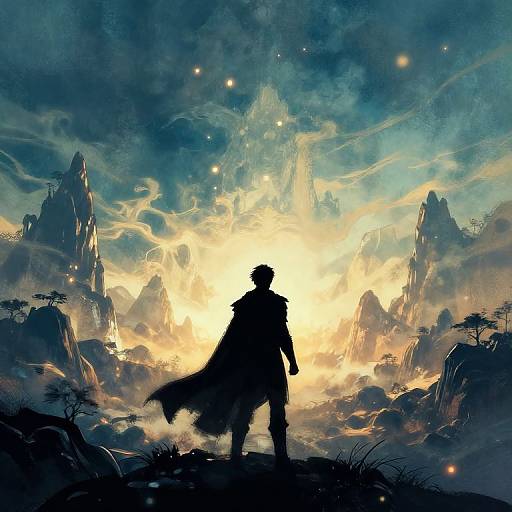 Silhouetted figure in long coat stands against a dramatic, glowing sky with jagged mountains and floating lights in a fantastical landscape. Digital art