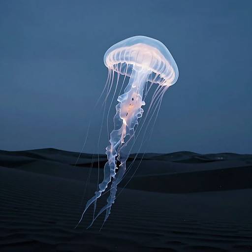 Photograph of a glowing, translucent jellyfish with white, bioluminescent bell and trailing tentacles, floating in a dark blue ocean at night