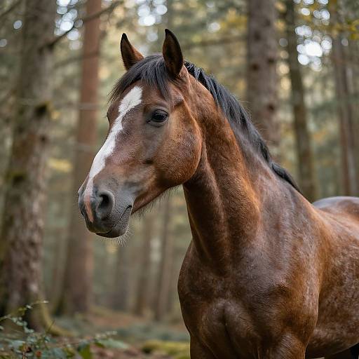 Photograph of a muscular brown horse with a white blaze on its face, standing in a blurred, sunlit forest.