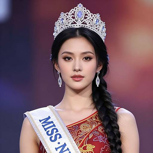 Photograph of an Asian beauty queen with long black braided hair, wearing a silver tiara, diamond earrings, red ornate dress, and 