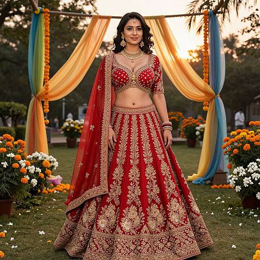 Photograph of a South Asian woman in a red and gold traditional lehenga and choli, standing in a garden with colorful drapes and flowers at