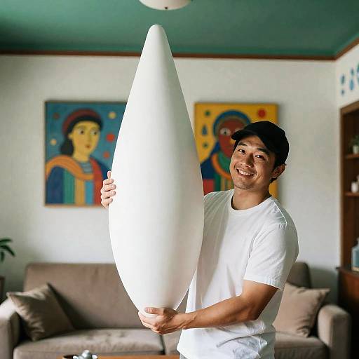 Playful Man with Unique Object in Living Room