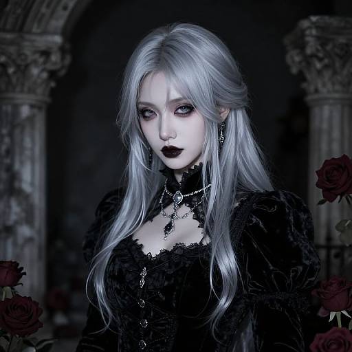 Digital gothic artwork of a pale, white-haired woman with dark makeup, black lace dress, and necklace, set against an archway with red roses