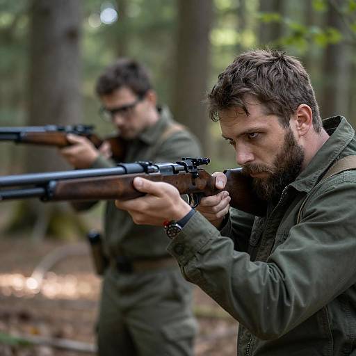Bearded Man Aiming Rifle in Sunlit Forest
