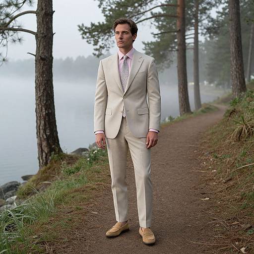 Photograph of a handsome man in a cream suit, pink shirt, and beige shoes, standing on a misty forest path by a lake. Tall