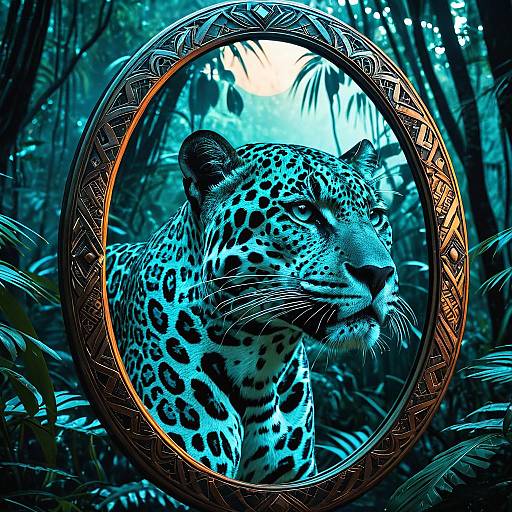 Jaguar with Bioluminescent Tribal Tattoos in Jungle Mirror