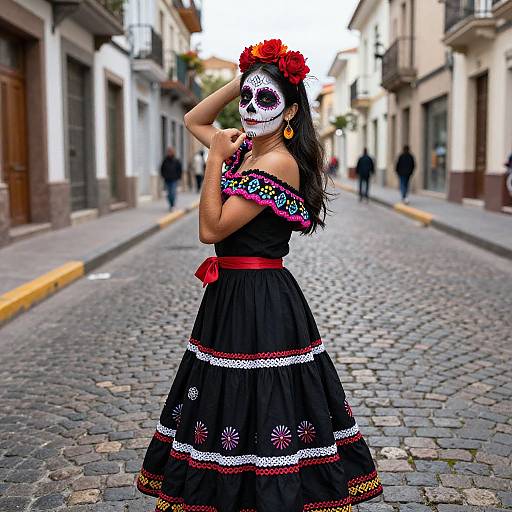 Latina Woman in Day of the Dead Costume on Cobblestone Street