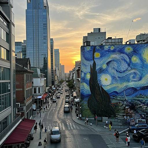 Photograph of a city street at sunset with a large Van Gogh-style mural on a building, featuring swirling blue, yellow, and green patterns.