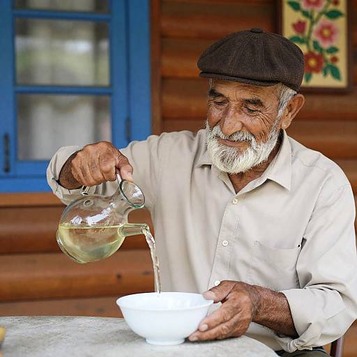 Cheerful Elder Pouring Drink Indoors