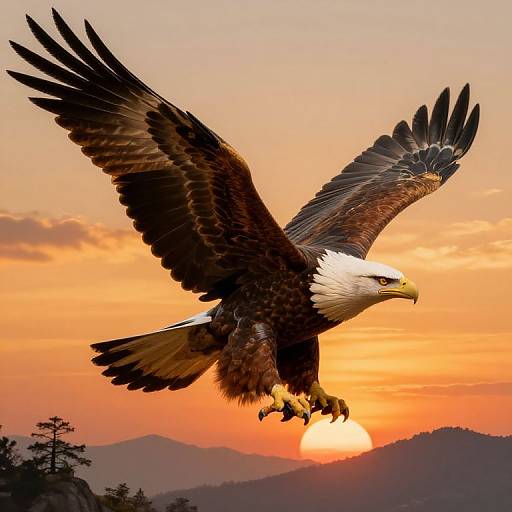 Photograph of a majestic bald eagle soaring with wings spread wide against a vibrant orange and pink sunset, silhouetted mountains in the background.