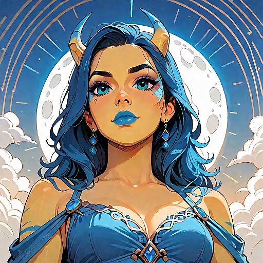 Elegant Blue-Hued Horned Woman