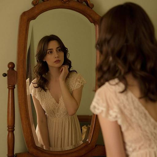 Photograph of a brunette woman with wavy hair, wearing a lace, deep V-neck, cream dress, standing before an ornate wooden mirror,