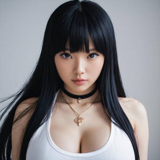 Asian Woman with Long Black Hair and Jewelry