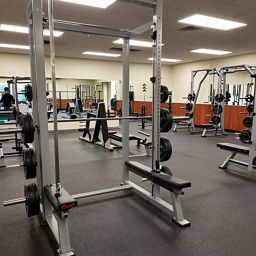 Photograph of a well-lit, modern gym with black rubber flooring, various weightlifting equipment, and orange storage bins in the background.
