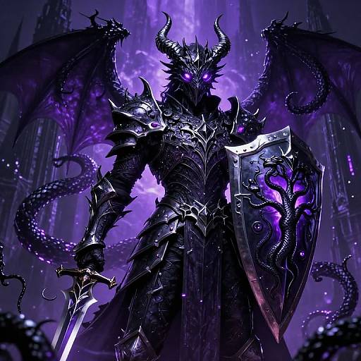Digital fantasy artwork of a dark, armored dragon warrior with glowing purple eyes, large wings, and a sword, standing in a mystical, purple-lit
