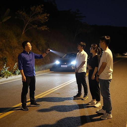 Dimly Lit Nighttime Gathering on Road