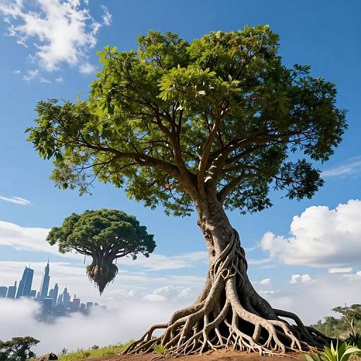Digital artwork of a towering tree with exposed roots, set against a bright blue sky with fluffy clouds, and a distant futuristic cityscape partially shrouded