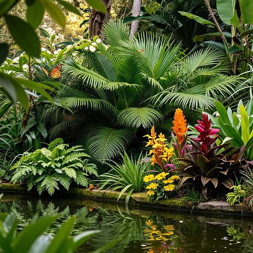 Photograph of vibrant tropical garden with lush green palm fronds, bright yellow and orange flowers, and reflective pond water.