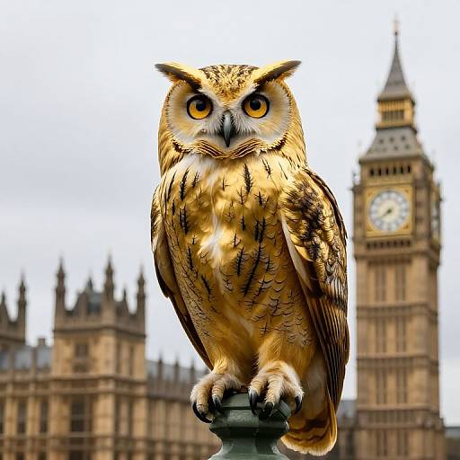Photograph of a detailed, realistic owl perched on a statue in front of the iconic Big Ben clock tower.