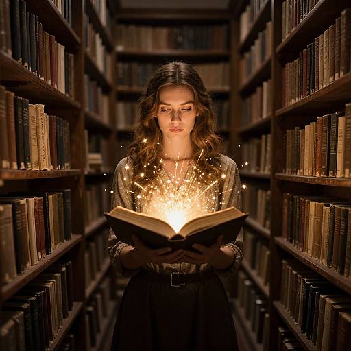 Photograph of a young woman with long brown hair, in a dark dress, holding a glowing book, surrounded by sparkles, in a dimly