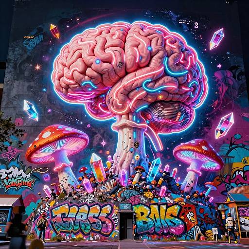 Vibrant digital artwork featuring a glowing, neon brain-shaped mushroom surrounded by colorful crystals, giant red mushrooms, and graffiti text 