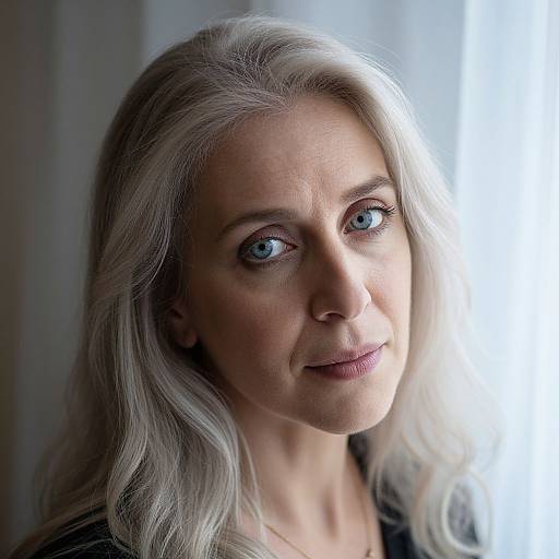 Photograph of a middle-aged woman with silver hair, blue eyes, and fair skin, softly lit by natural light, smiling gently.