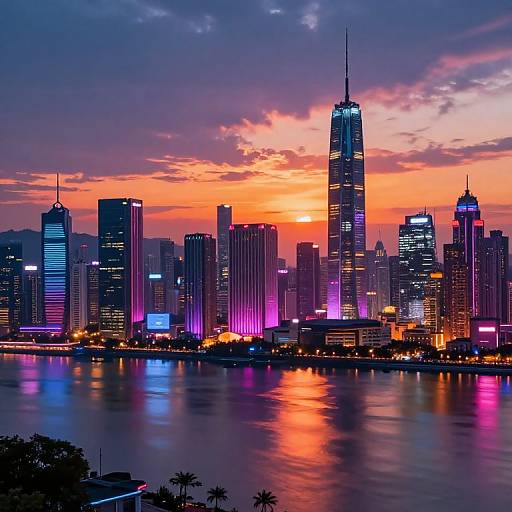Photograph of a vibrant cityscape at sunset, featuring illuminated skyscrapers with purple, blue, and orange lights, reflecting on a calm river.