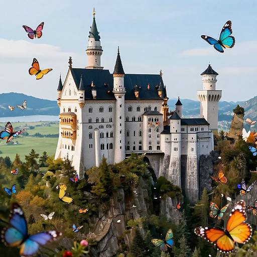 Photograph of a grand, white, castle with multiple turrets surrounded by colorful butterflies in flight, set against a clear blue sky and green landscape.