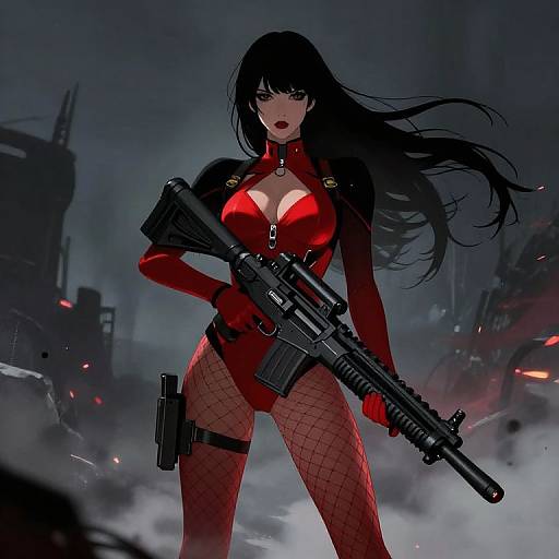 Digital anime-style illustration of a fierce, black-haired woman in red bodysuit, fishnet stockings, and gloves, holding a rifle in a dark