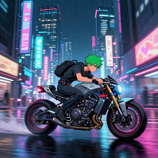 Anime-style digital art of a green-haired boy riding a motorcycle in a neon-lit, rainy city street, with glowing signs and reflections.