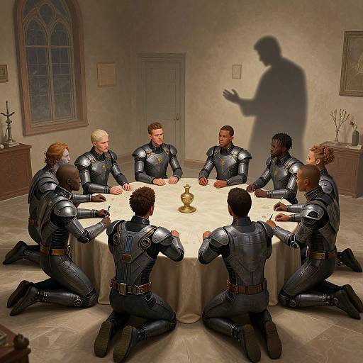 CGI image of nine armored men kneeling around a white table with a golden emblem, casting shadows on a beige wall.